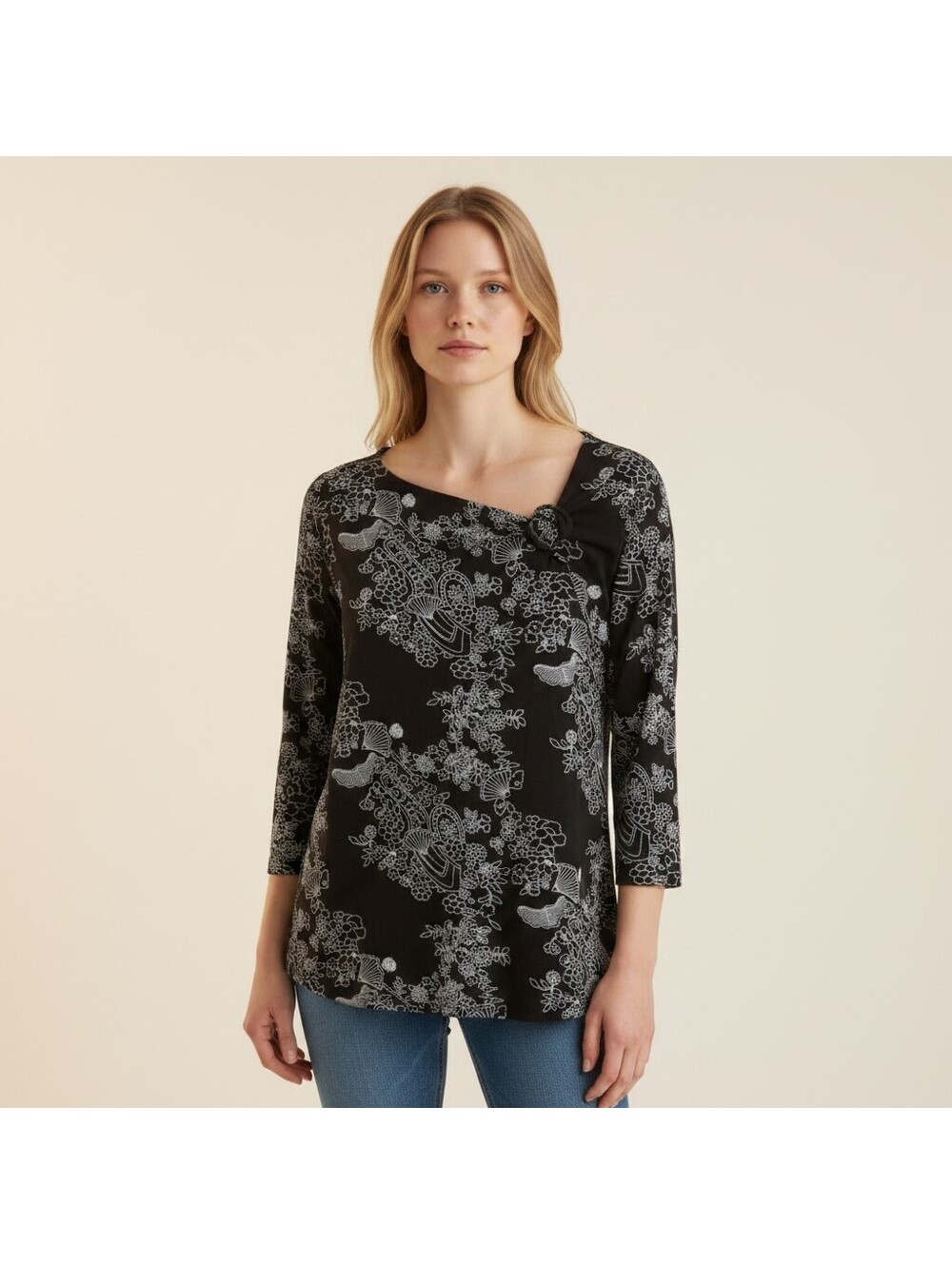 Mirasol Blouse Women M Medium Black Floral 3/4 Sleeve V-Neck Stretch Casual